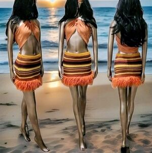 NWT Retro Low Rise Crochet Stripe Fur Trim Ibiza Festival Fitted Mini Skirt Sz M